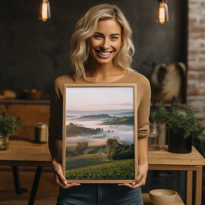 Atemberaubendes Poster mit Weinbergen und sanften Hügeln im Nebel