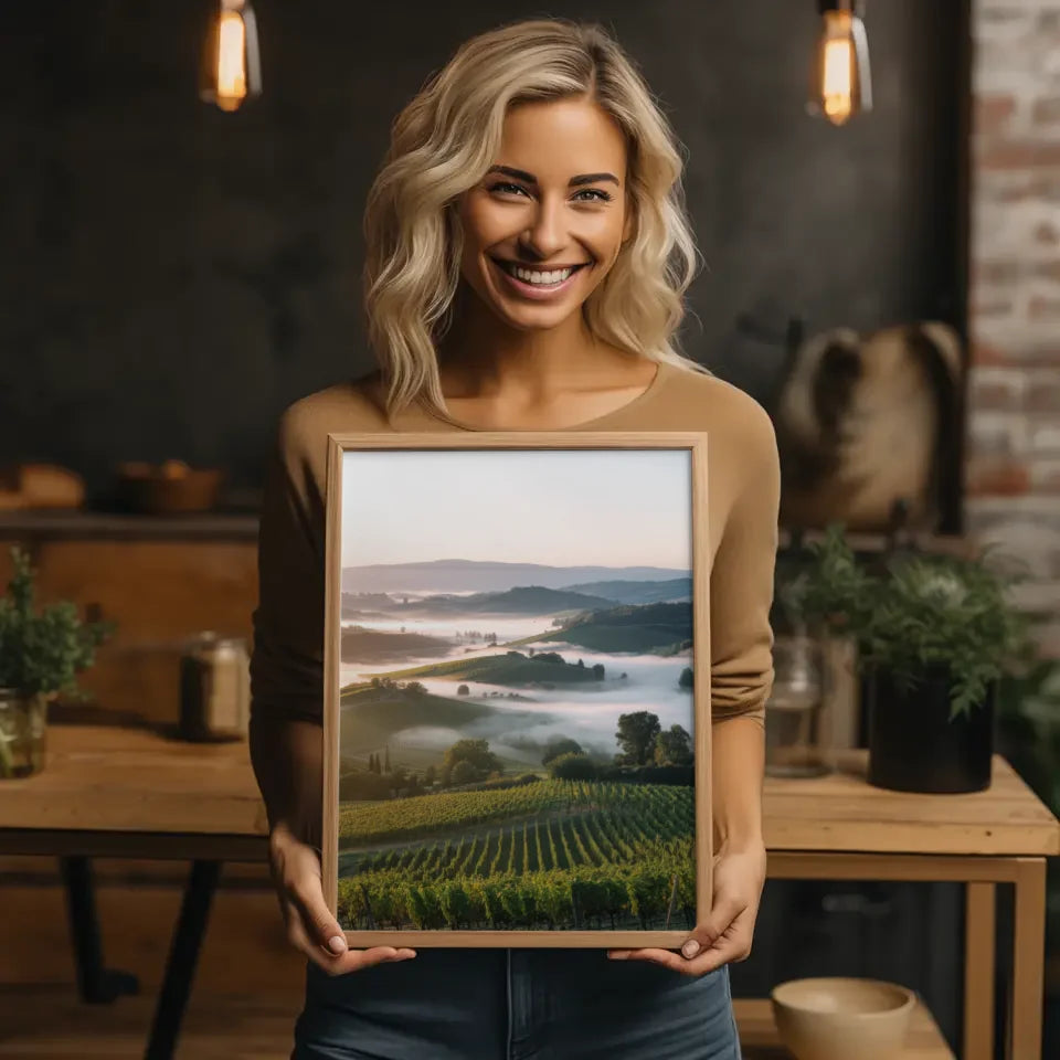 Poster mit atemberaubendem Landschaftsfoto von Weinbergen und Hügeln