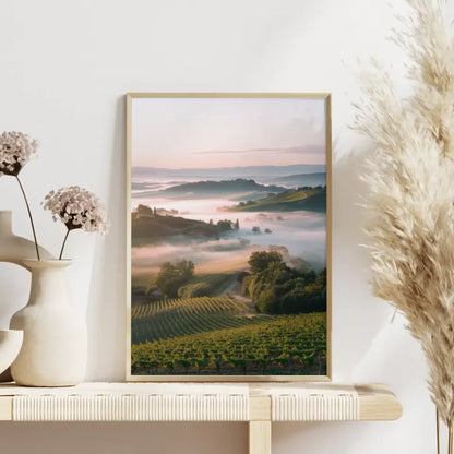 Atemberaubendes Poster mit Weinbergen und sanften Hügeln im Nebel
