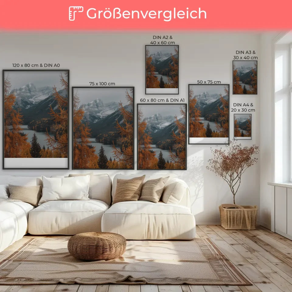 Herbstlandschaft Poster mit Bäumen und Bergen für Wohnraumgestaltung