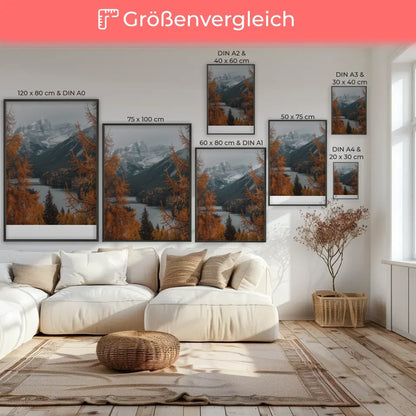 Herbstlandschaft Poster mit Bäumen und Bergen für Wohnraumgestaltung