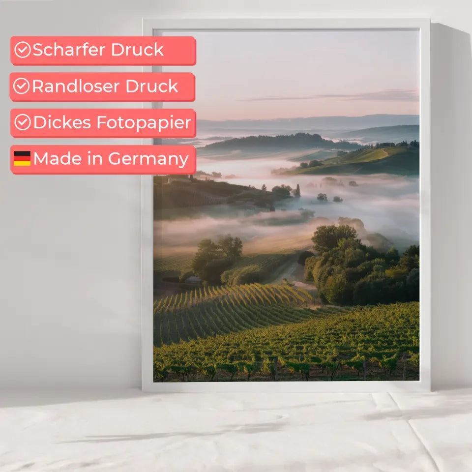 Atemberaubendes Poster mit Weinbergen und sanften Hügeln im Nebel