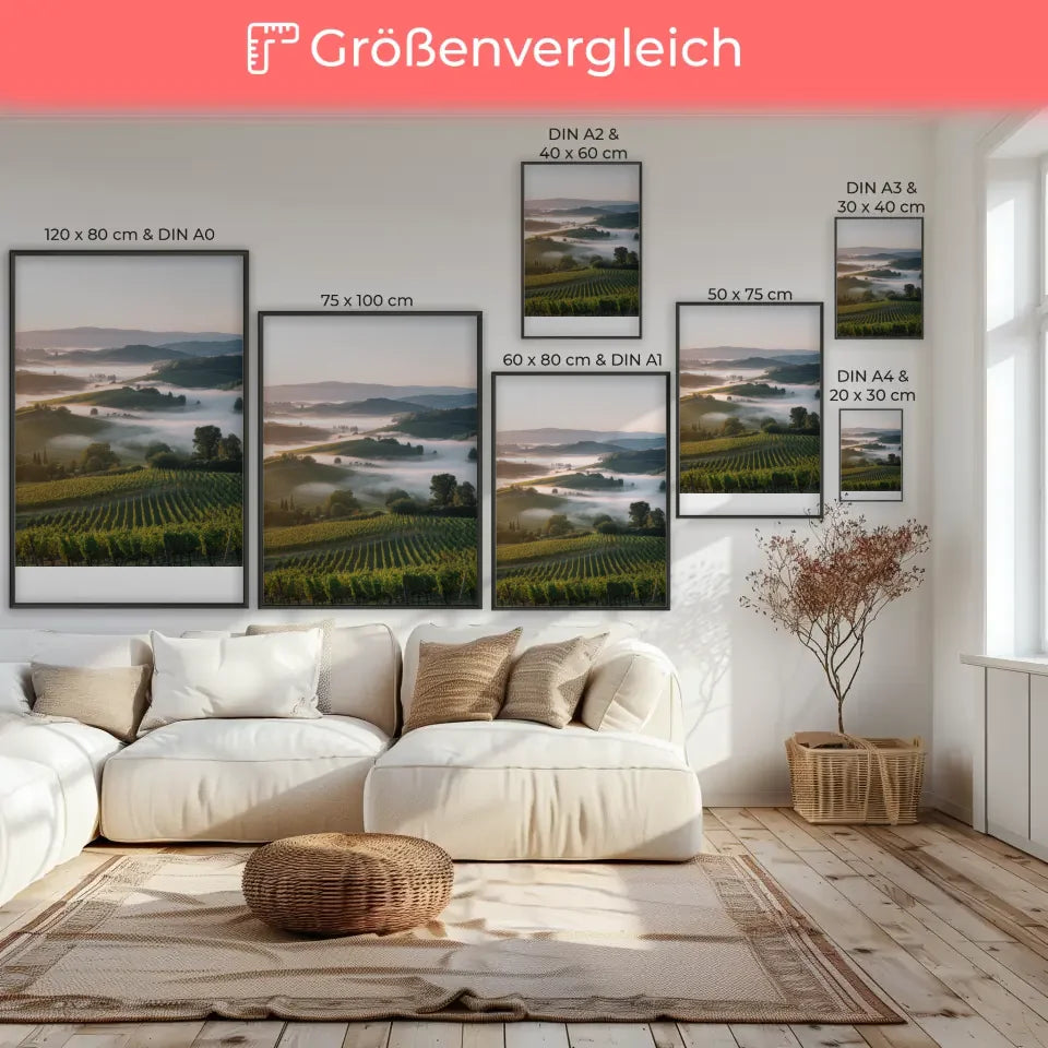 Poster mit atemberaubendem Landschaftsfoto von Weinbergen und Hügeln