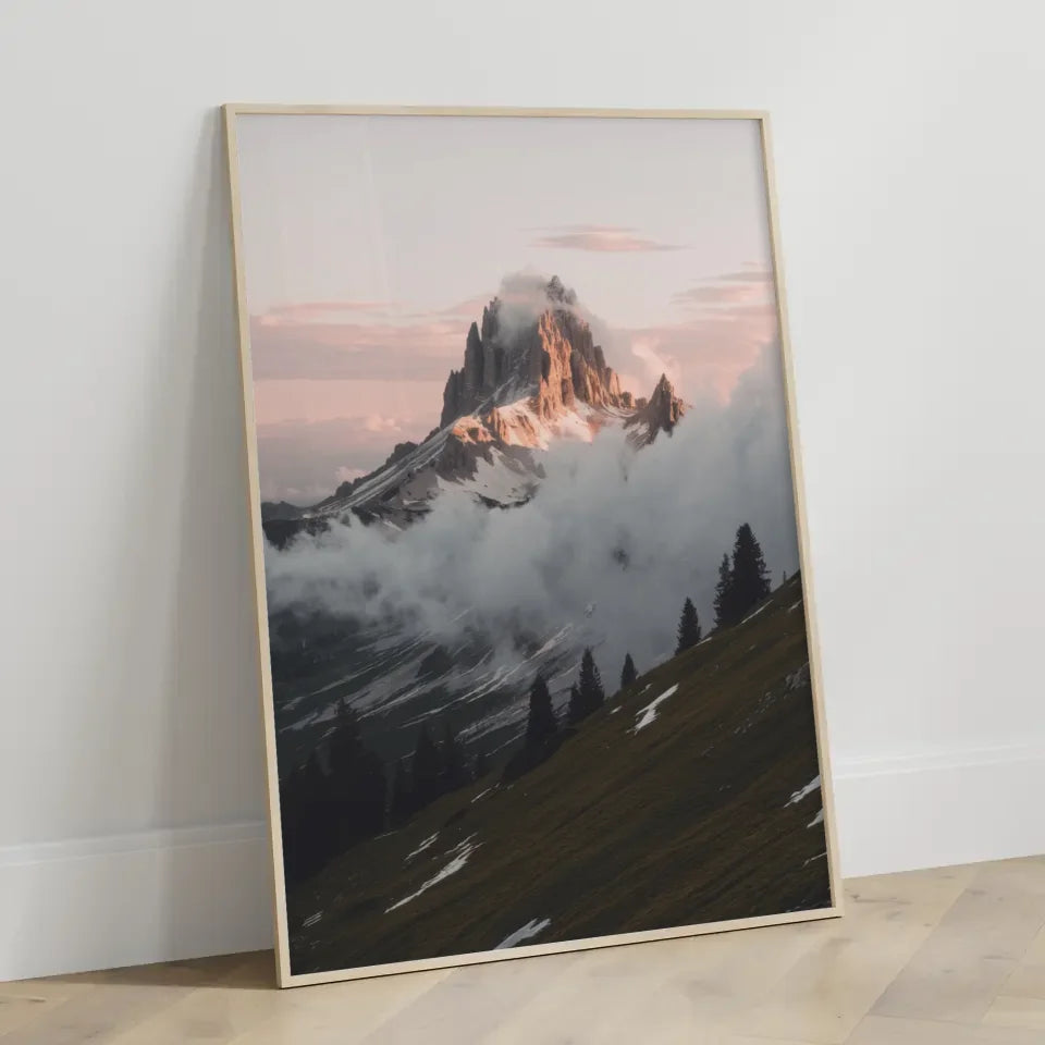 Berglandschaft Poster Dolomiten Morgenlicht mit warmen Farbton