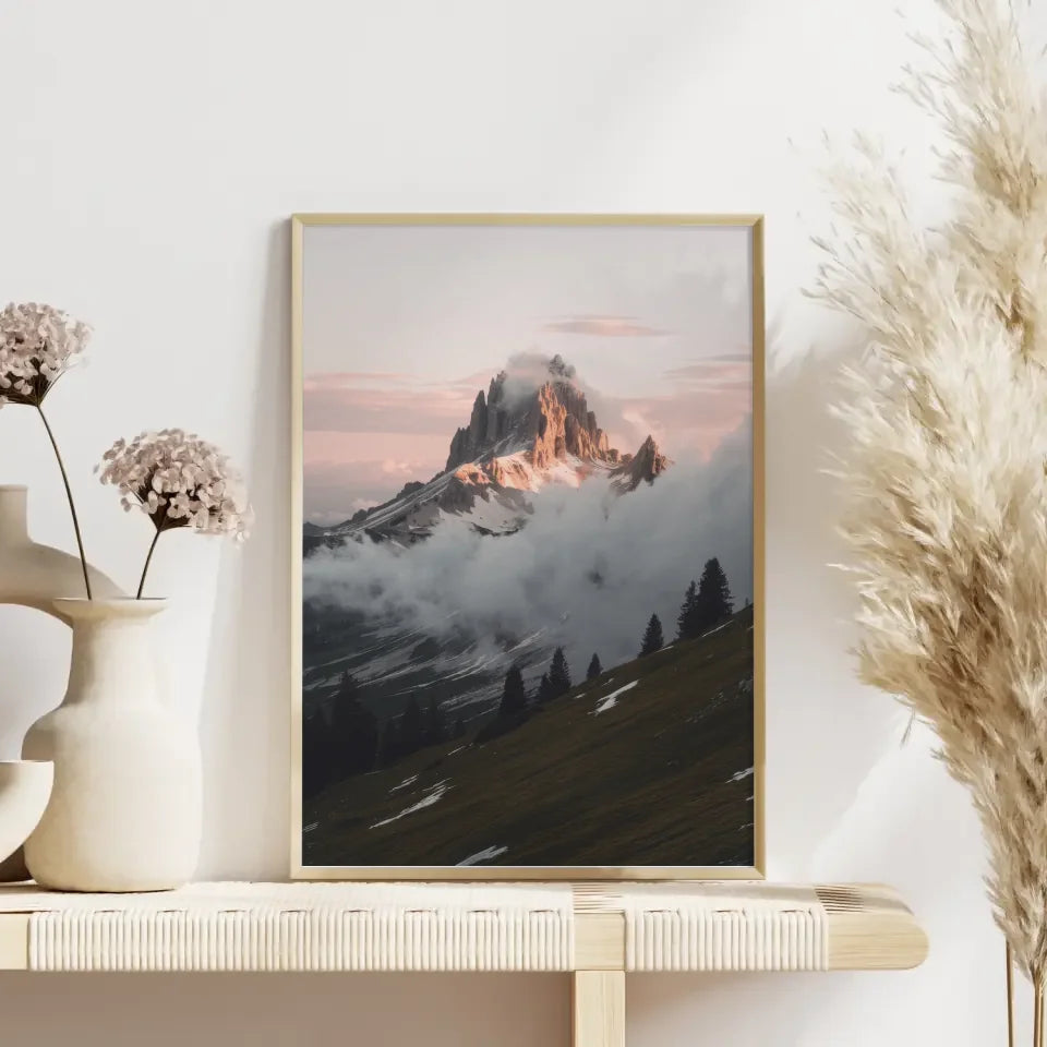 Berglandschaft Poster Dolomiten Morgenlicht mit warmen Farbton