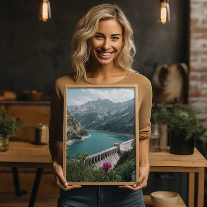 Poster traumhafte Berglandschaft mit türkisblauem See und Damm