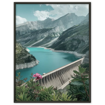 Poster traumhafte Berglandschaft mit türkisblauem See und Damm