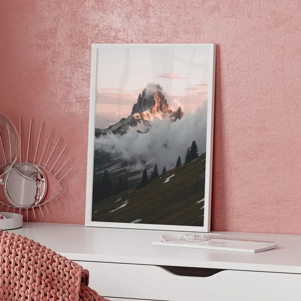 Berglandschaft Poster Dolomiten Morgenlicht mit warmen Farbton