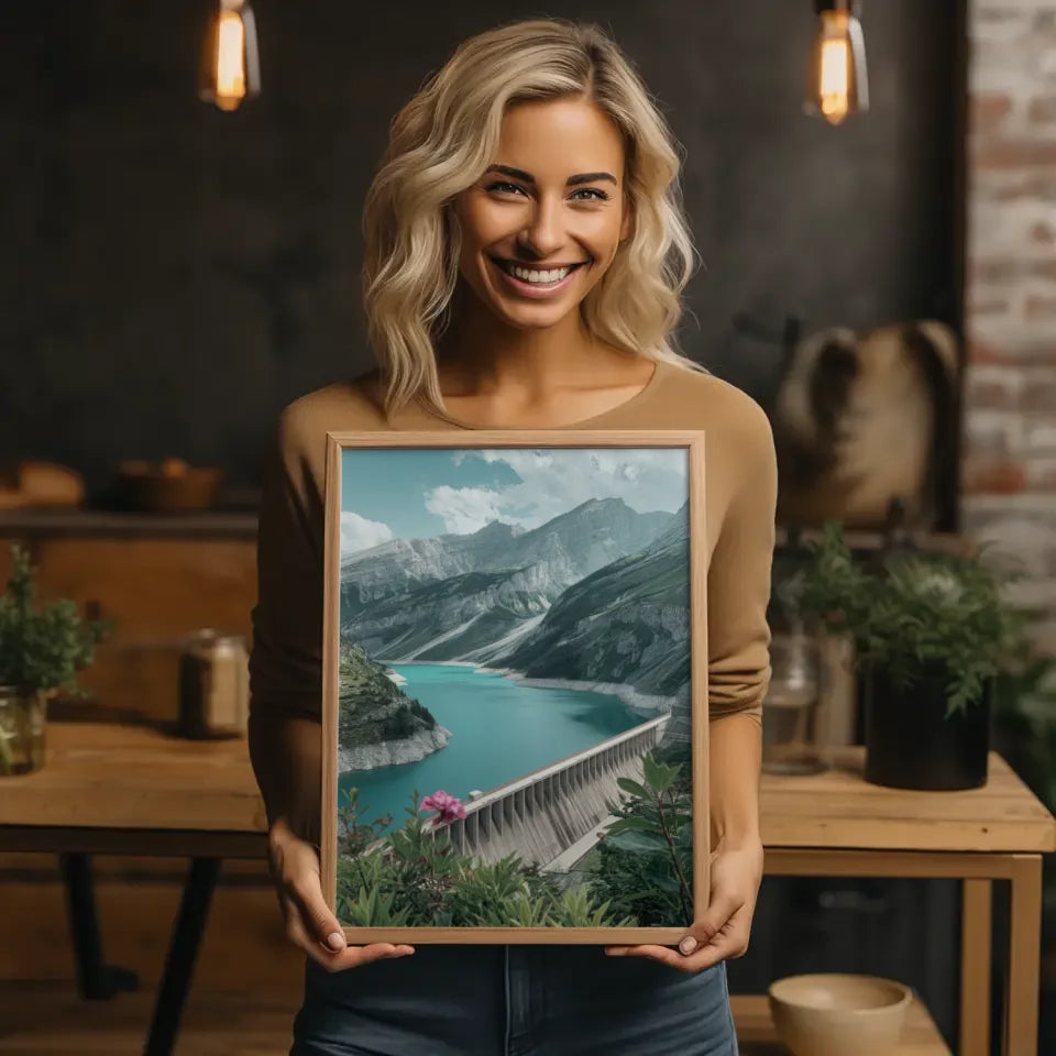 Poster traumhafte Berglandschaft mit türkisblauem See und Damm