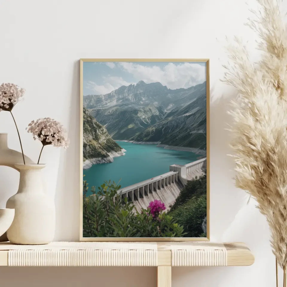 Poster traumhafte Berglandschaft mit türkisblauem See und Damm