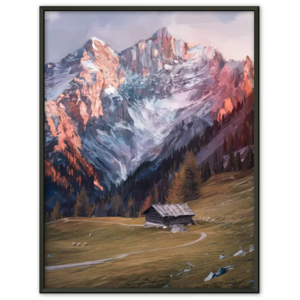 Berglandschaft Poster mit schneebedeckten Gipfeln und ruhiger Wiese