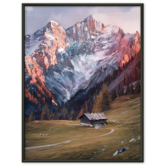 Berglandschaft Poster mit schneebedeckten Gipfeln und ruhiger Wiese