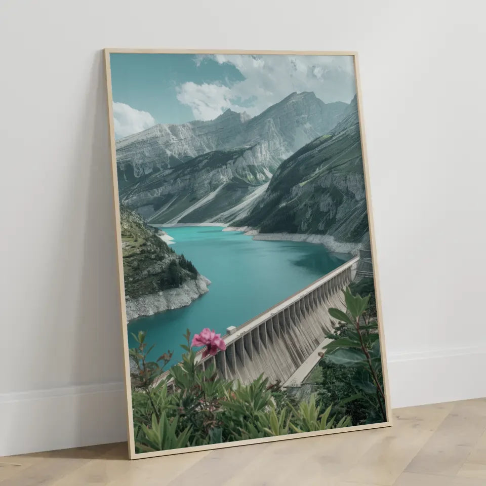 Poster traumhafte Berglandschaft mit türkisblauem See und Damm