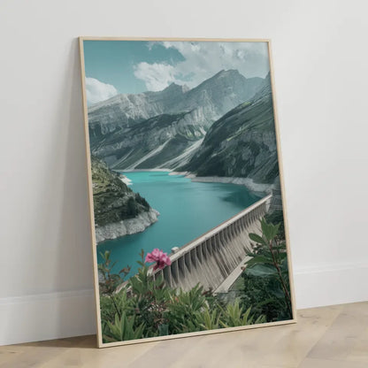 Poster traumhafte Berglandschaft mit türkisblauem See und Damm