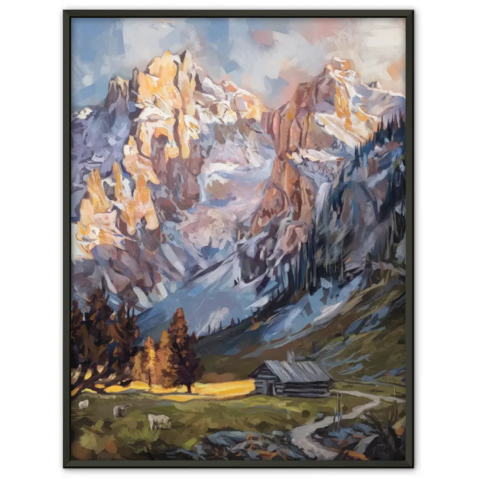 Poster mit Berglandschaft und schneebedeckten Gipfeln für Naturfreunde