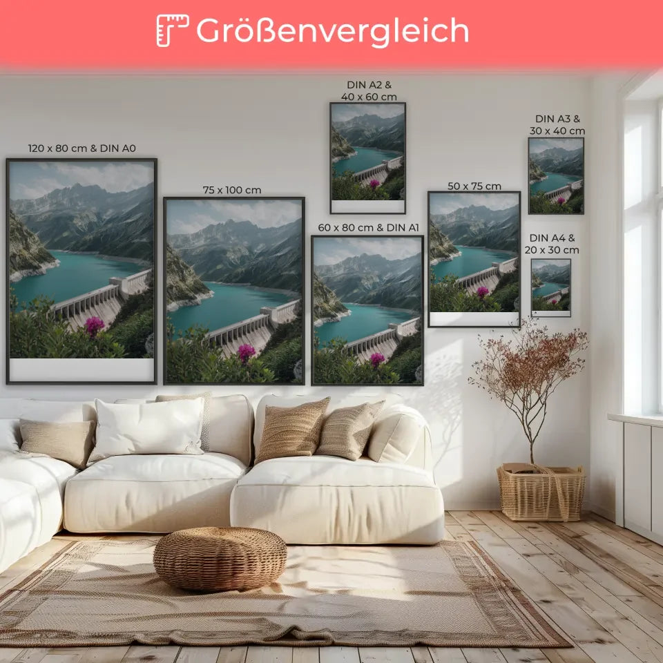 Poster traumhafte Berglandschaft mit türkisblauem See und Damm