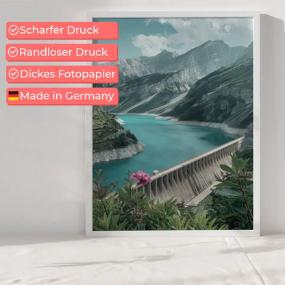 Poster traumhafte Berglandschaft mit türkisblauem See und Damm