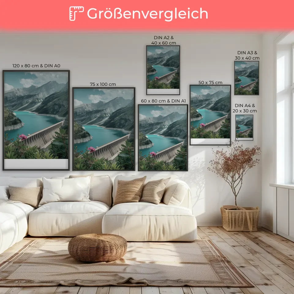 Poster traumhafte Berglandschaft mit türkisblauem See und Damm