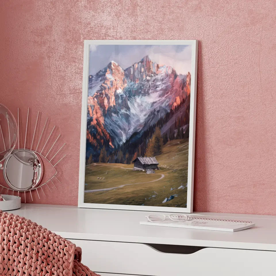 Berglandschaft Poster mit schneebedeckten Gipfeln und ruhiger Wiese