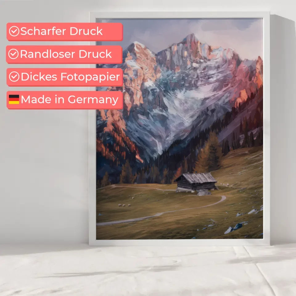 Berglandschaft Poster mit schneebedeckten Gipfeln und ruhiger Wiese