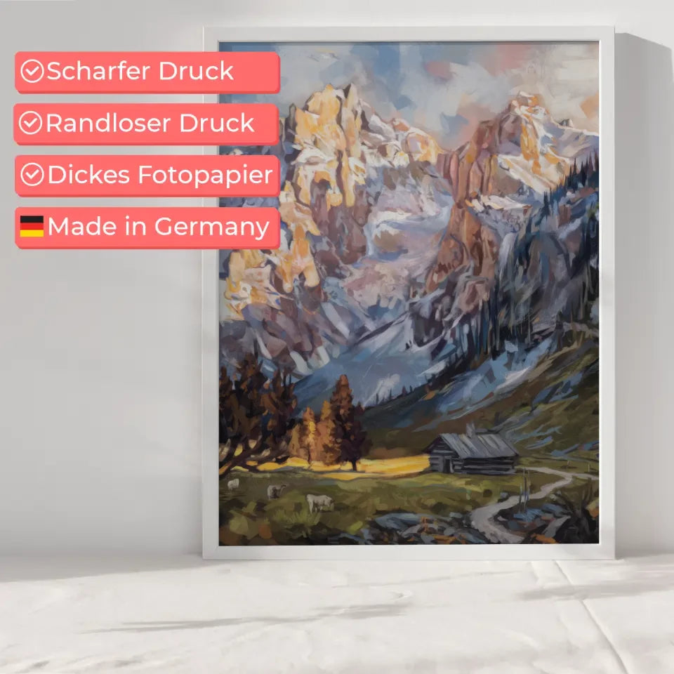 Poster mit Berglandschaft und schneebedeckten Gipfeln für Naturfreunde