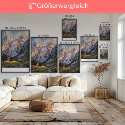 Poster mit Berglandschaft und schneebedeckten Gipfeln für Naturfreunde