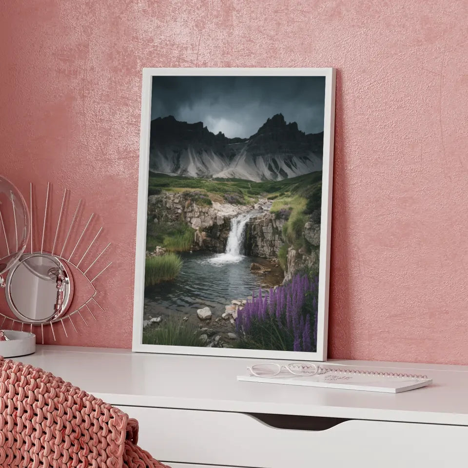 Poster mit atemberaubender Naturlandschaft und Wasserfall in Farbenpracht