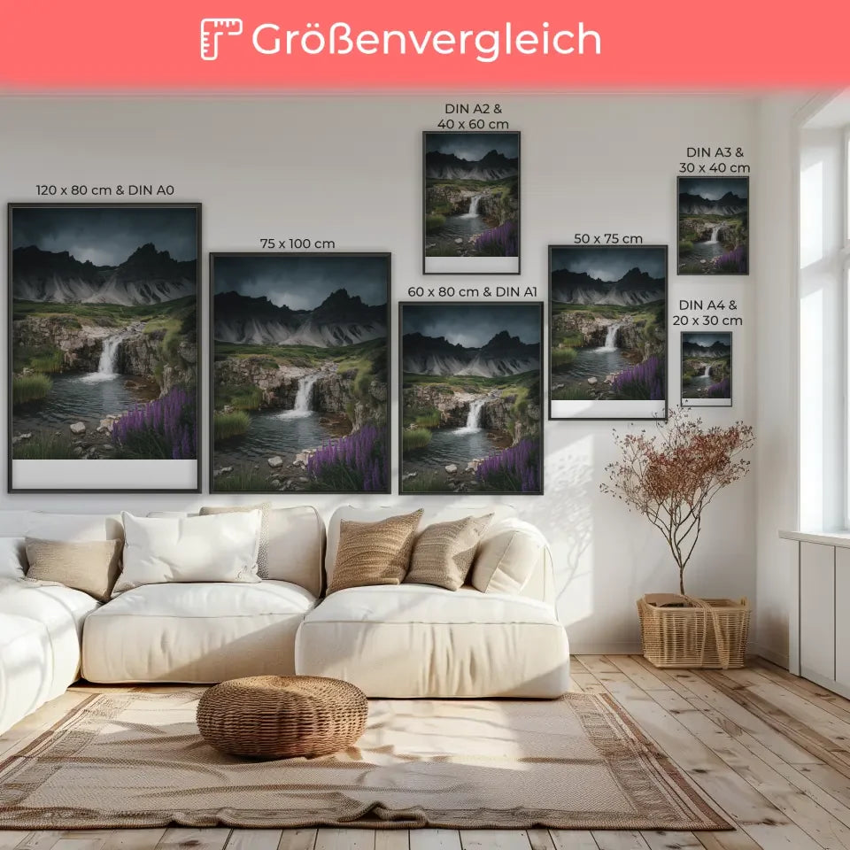 Poster mit atemberaubender Naturlandschaft und Wasserfall in Farbenpracht