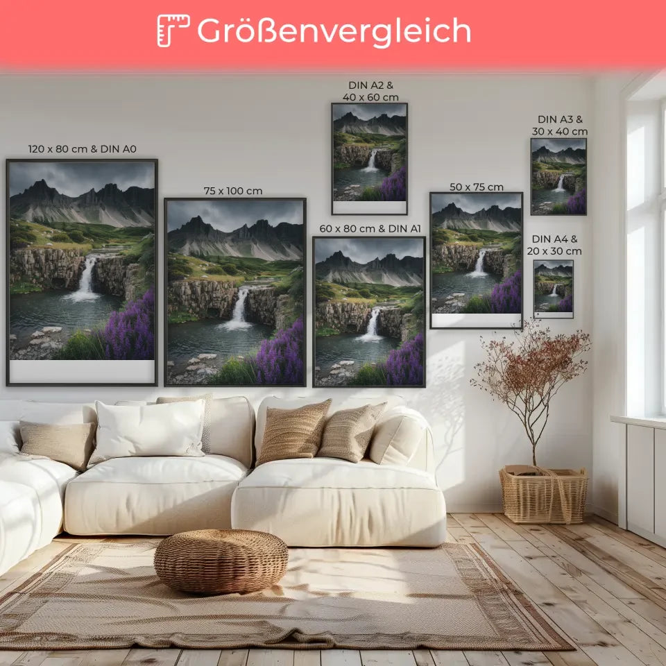 Poster von atemberaubender Naturlandschaft mit Wasserfall und Bergen