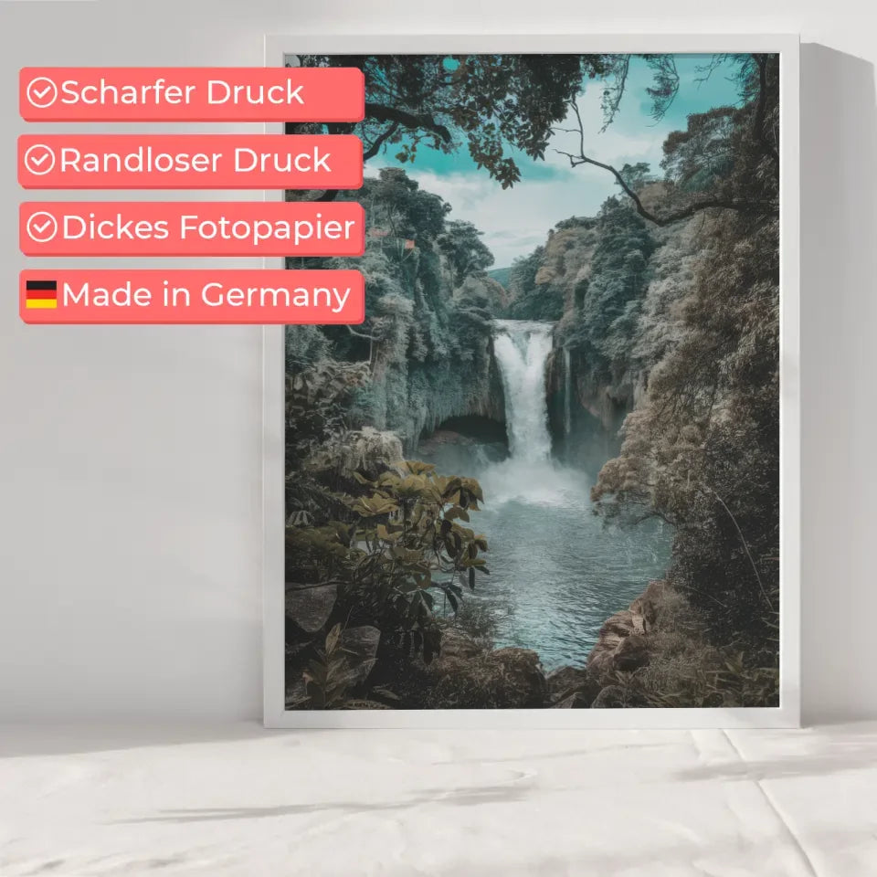 Poster Wasserfall im grünen Dschungel für natürliche Atmosphäre Zuhause