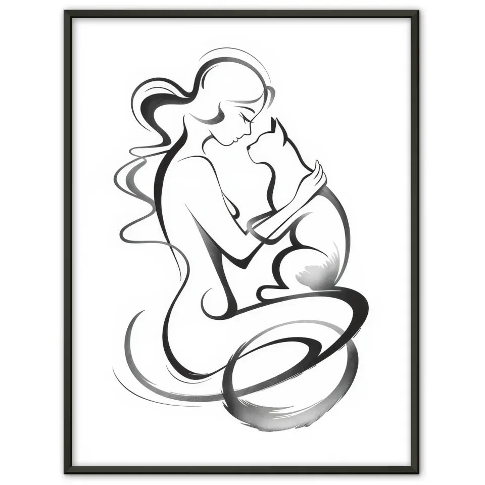 Ästhetisches Poster mit Frau und Katze in harmonischer Umarmung