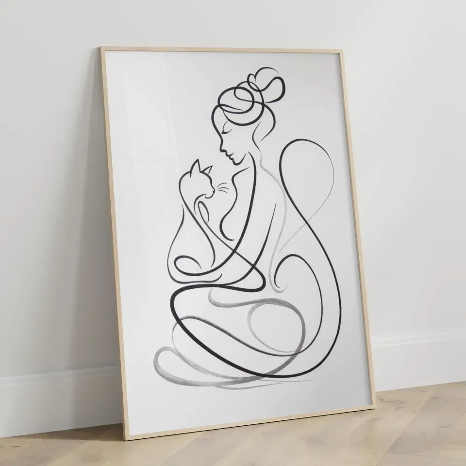 Ästhetisches Poster mit Frau und Katze in harmonischer Umarmung