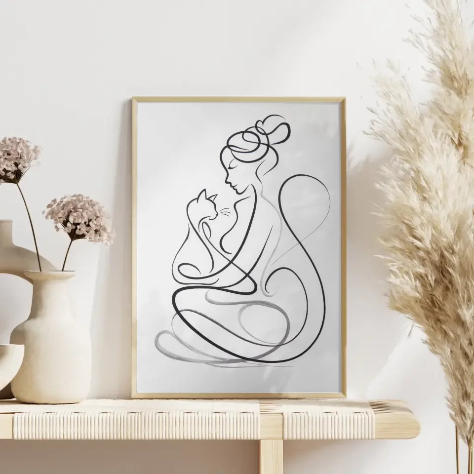 Ästhetisches Poster mit Frau und Katze in harmonischer Umarmung