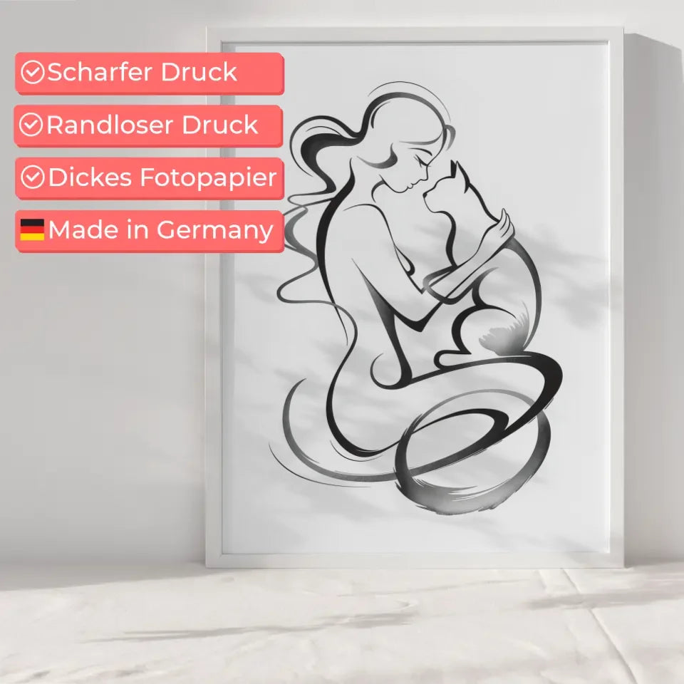 Ästhetisches Poster mit Frau und Katze in harmonischer Umarmung