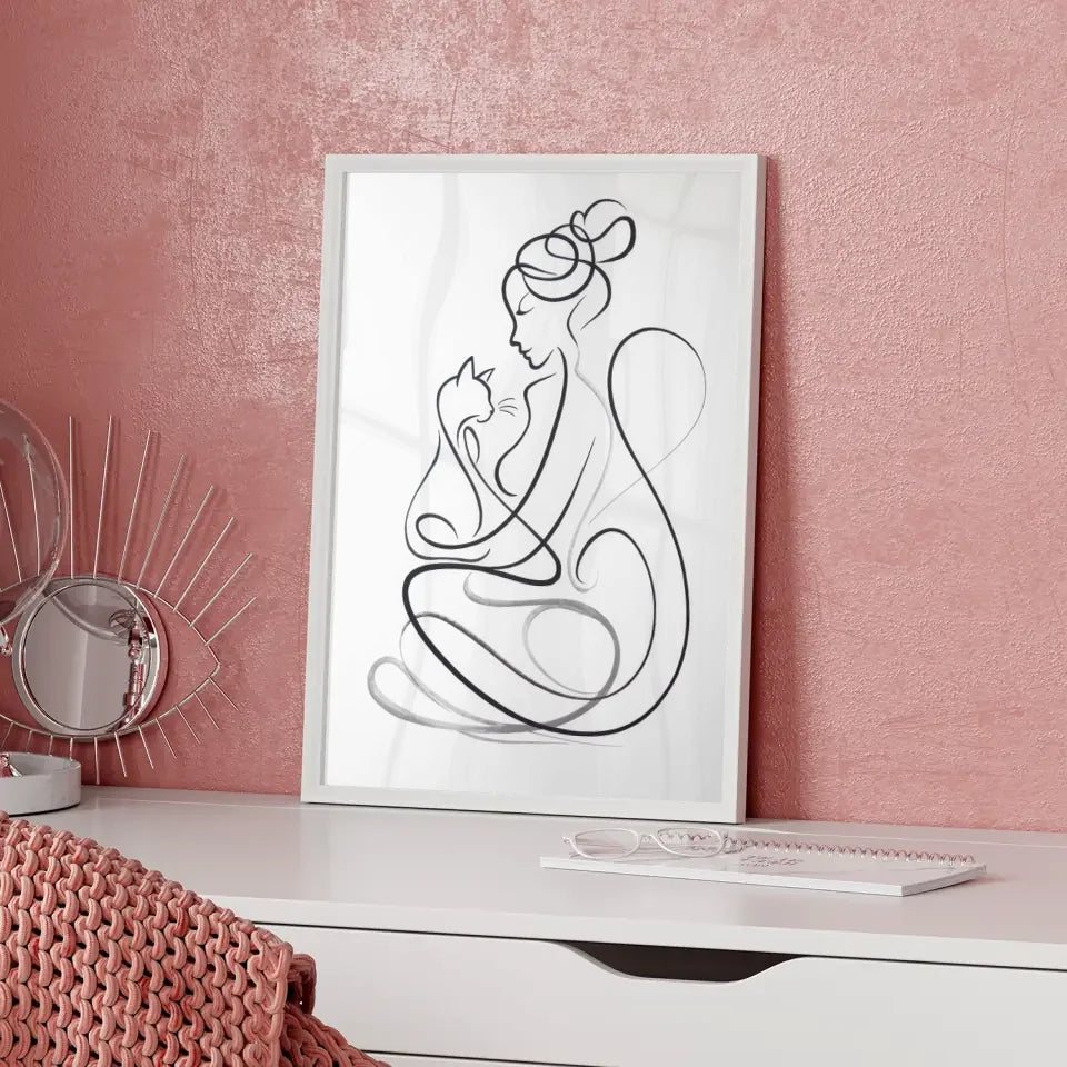 Ästhetisches Poster mit Frau und Katze in harmonischer Umarmung