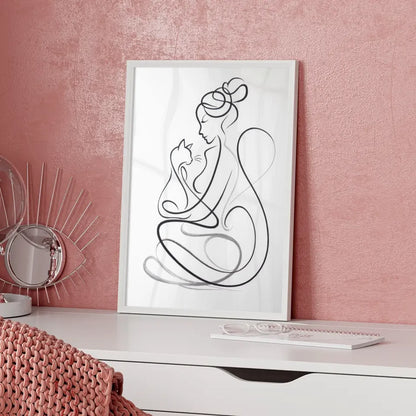 Ästhetisches Poster mit Frau und Katze in harmonischer Umarmung