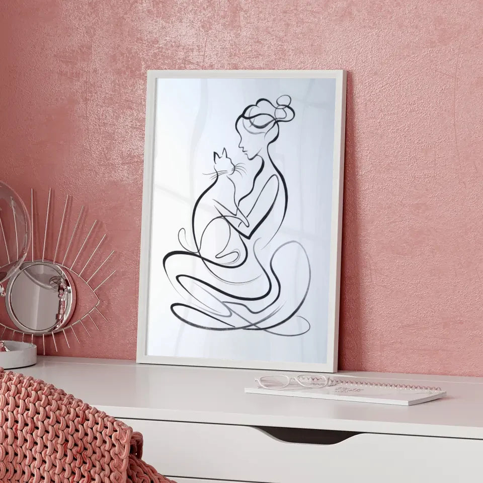 Ästhetisches Poster mit Frau und Katze in harmonischer Umarmung