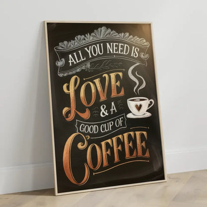Gemütliches Poster mit Kaffee Zitat in edlen Bronze und Goldfarben
