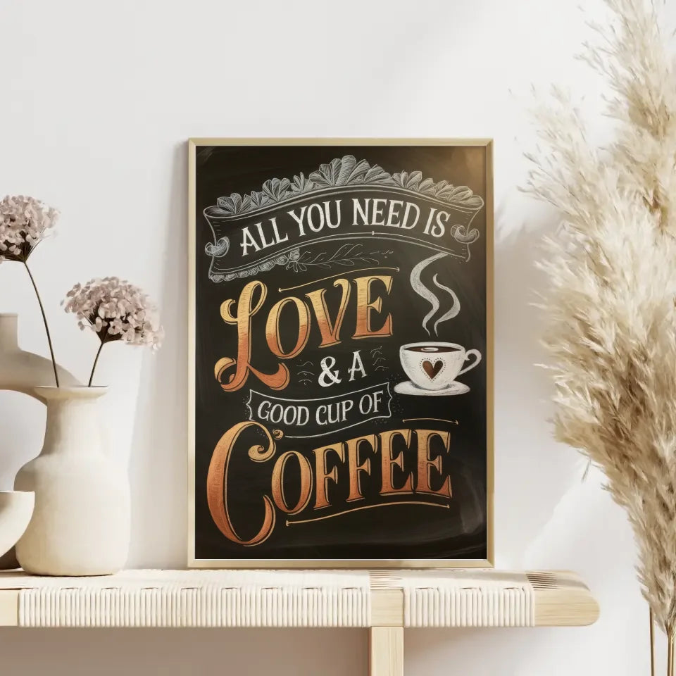 Gemütliches Poster mit Kaffee Zitat in edlen Bronze und Goldfarben