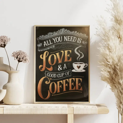 Gemütliches Poster mit Kaffee Zitat in edlen Bronze und Goldfarben