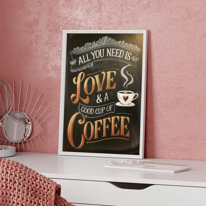 Gemütliches Poster mit Kaffee Zitat in edlen Bronze und Goldfarben