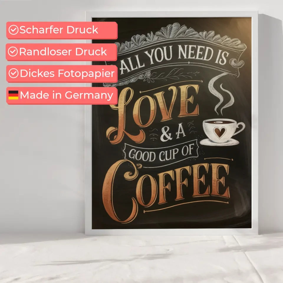 Gemütliches Poster mit Kaffee Zitat in edlen Bronze und Goldfarben