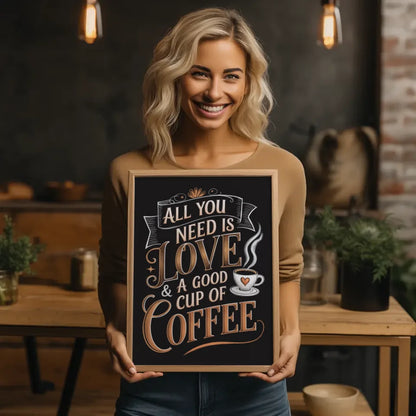 Gemütliches Poster mit Kaffee Zitat in edlen Bronze und Goldfarben