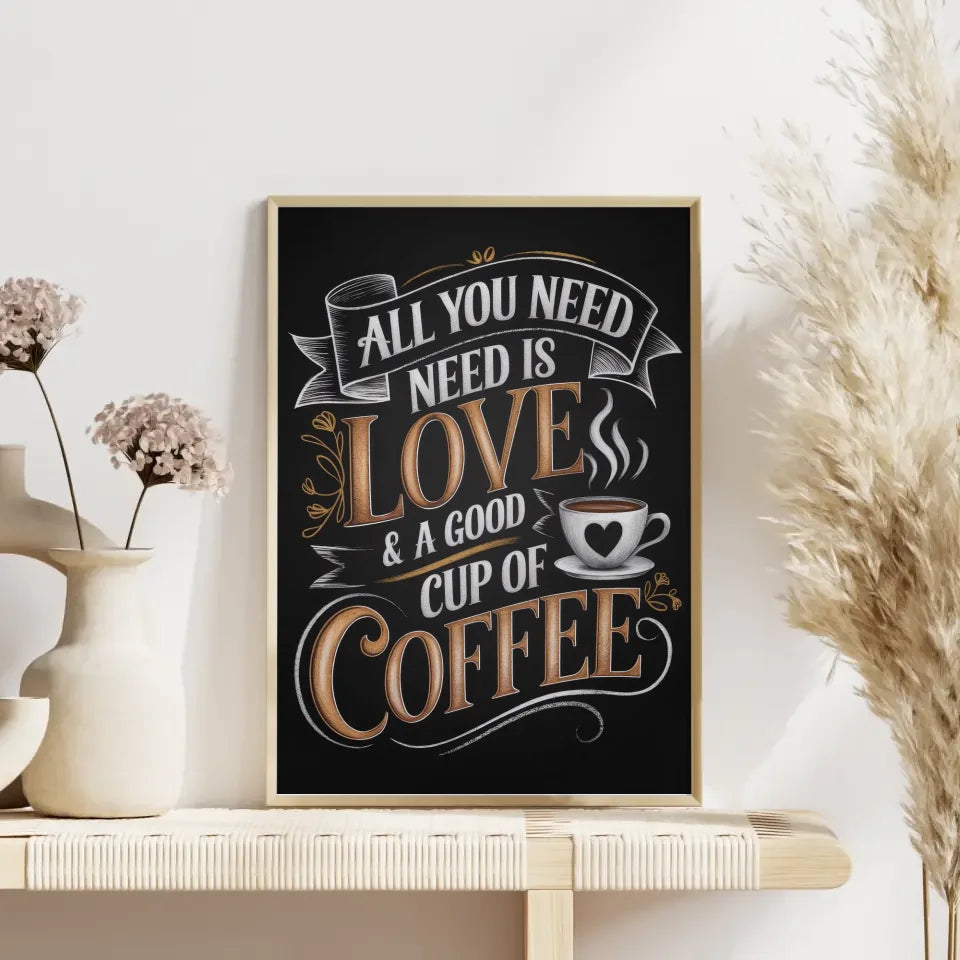 Gemütliches Poster mit Kaffee Zitat in edlen Bronze und Goldfarben