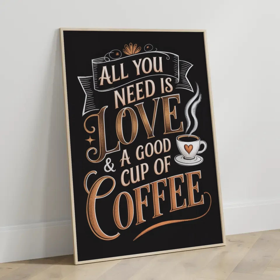 Gemütliches Poster mit Kaffee Zitat in edlen Bronze und Goldfarben