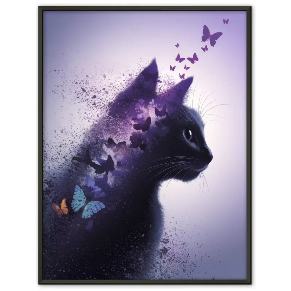 Faszinierendes Katzenkopf Poster mit Schmetterlingen und sanften Farben