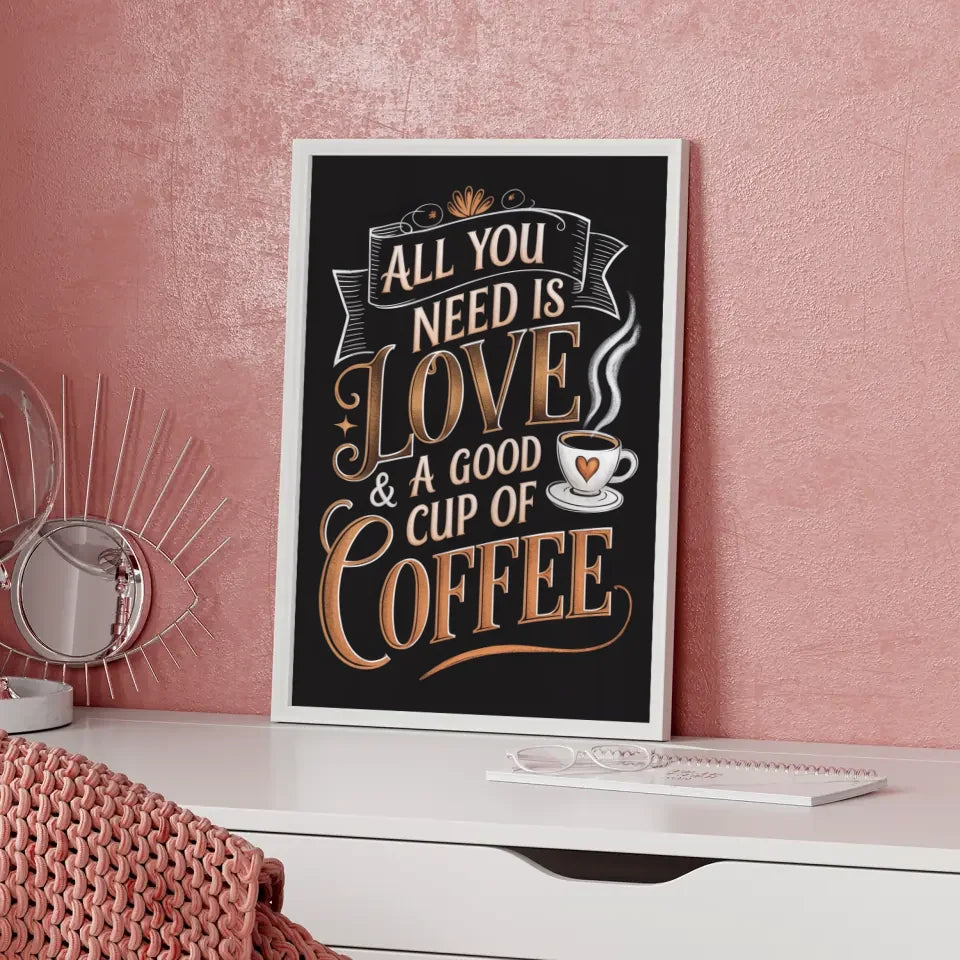 Gemütliches Poster mit Kaffee Zitat in edlen Bronze und Goldfarben