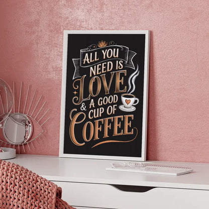 Gemütliches Poster mit Kaffee Zitat in edlen Bronze und Goldfarben