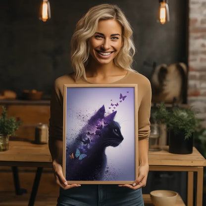 Faszinierendes Katzenkopf Poster mit Schmetterlingen und sanften Farben