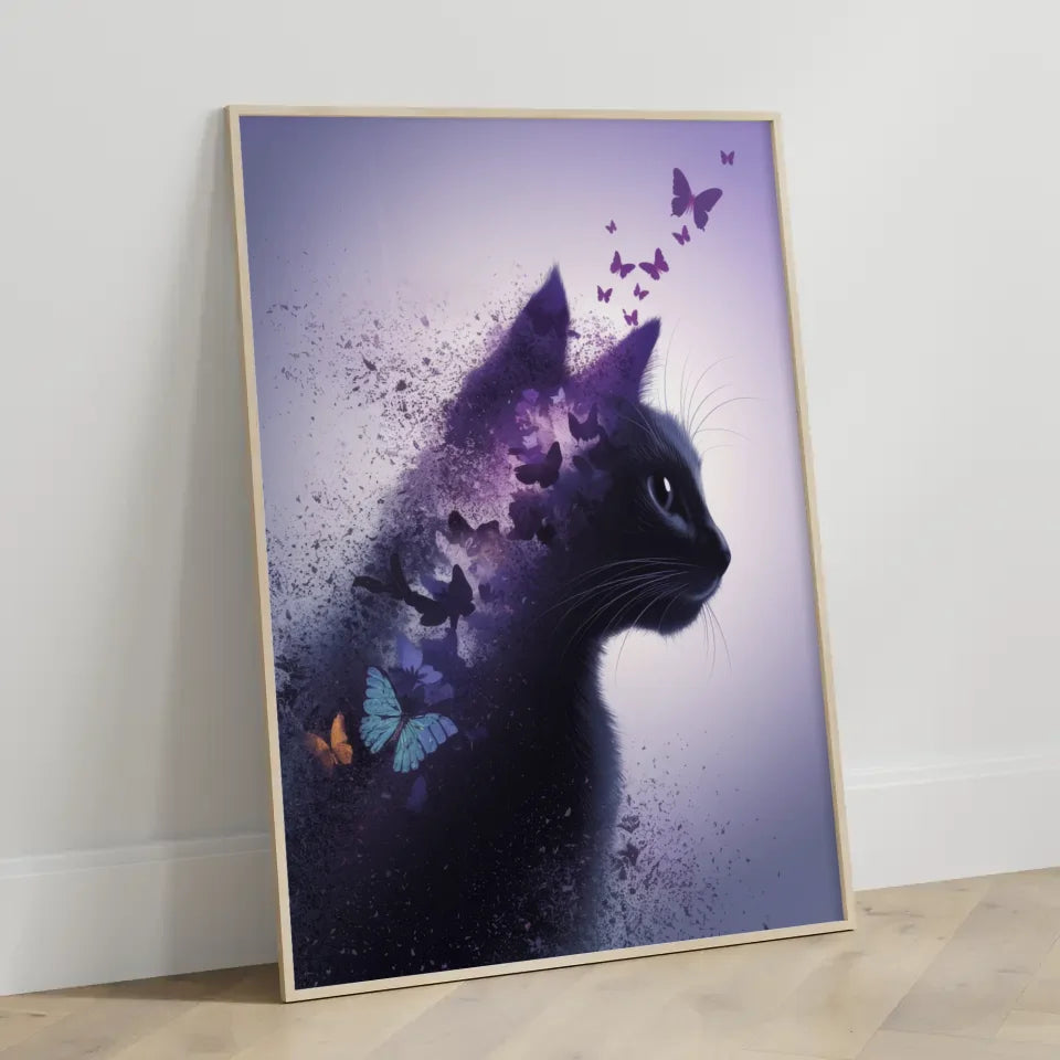 Faszinierendes Katzenkopf Poster mit Schmetterlingen und sanften Farben